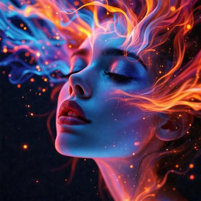 The primary subject of the image is a woman with a blue and orange hue. She is the main focus of the image, and her face is the center of attention. The setting is a dark background, which contrasts with the vibrant colors of the woman's face. The visual style is a digital art or illustration, as the colors and the overall atmosphere are rich and vivid. The woman's face is the main subject, and the image is a close-up of her face, emphasizing her features and the